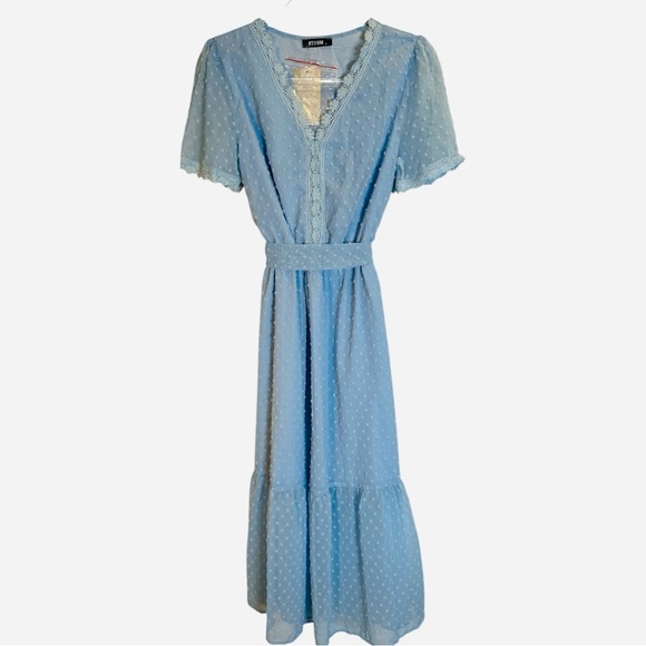 Powder Blue Midi Sundress with Puff Sleeves and Sailor Collar - Picture 5 of 10